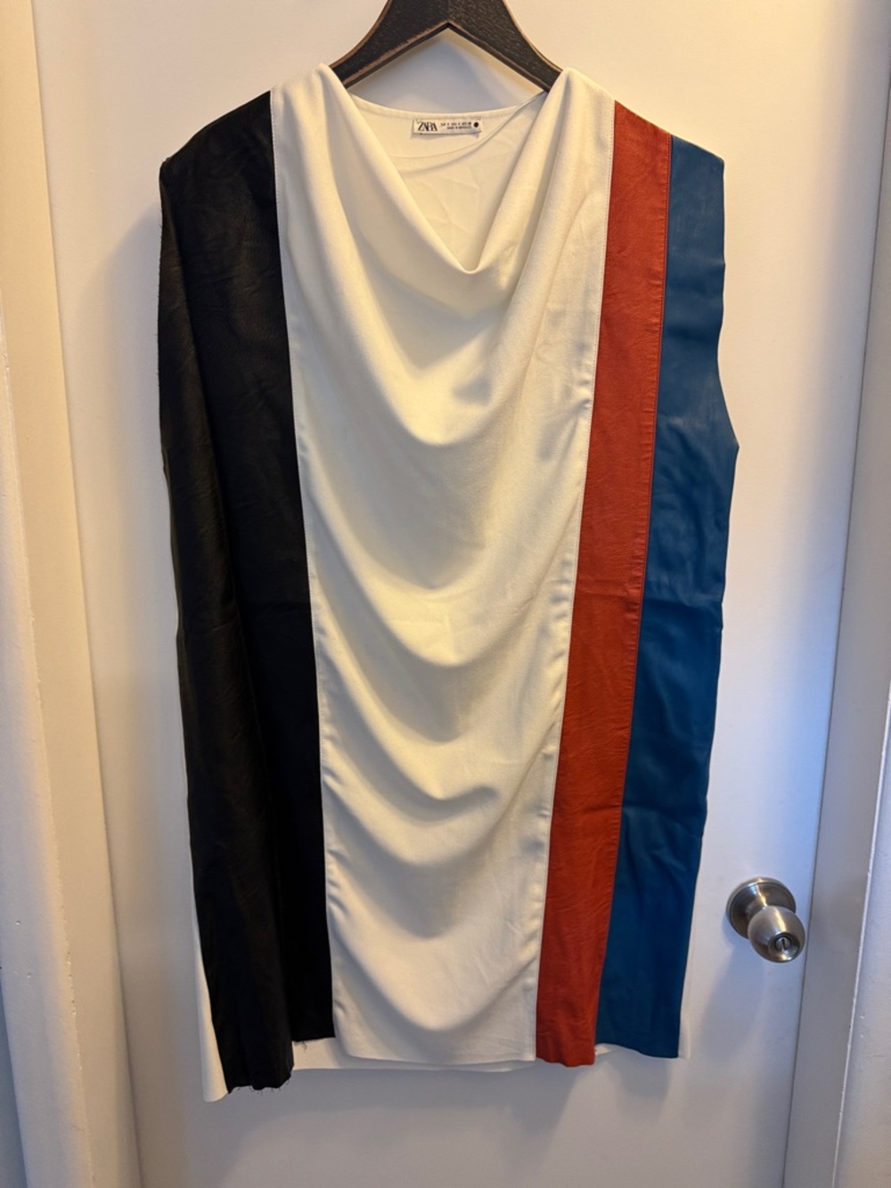 Zara Draped Colorblock Shift Dress in White, Black, Teal & Rust